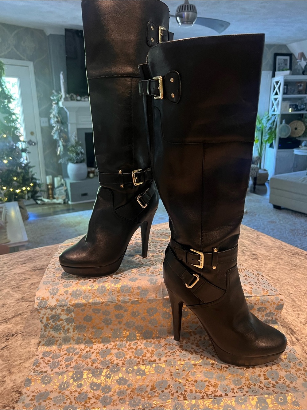 G by Guess Black Knee-High Stiletto Boots with Buckle Straps